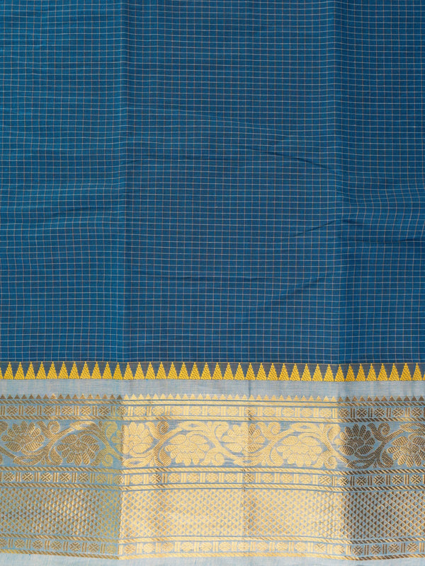 Teal blue Chettinad cotton saree with gold zari temple border, woven checks, and contrast yellow blouse