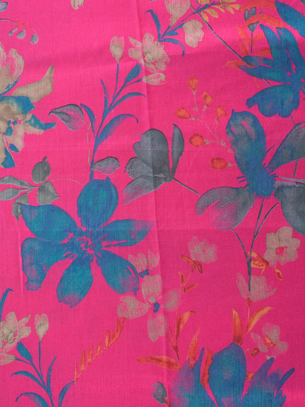 Pink Dola silk saree with multicolour floral print and contrast teal blue zari border