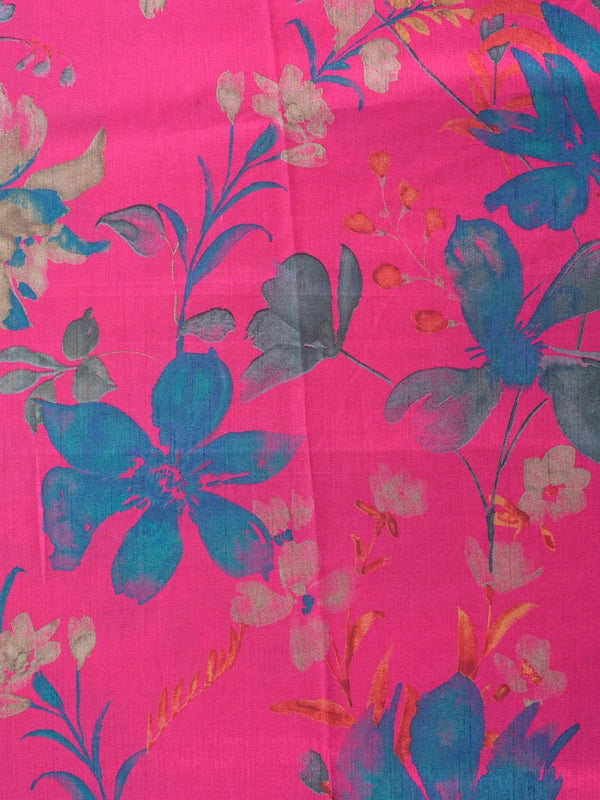 Pink Dola silk saree with multicolour floral print and contrast teal blue zari border