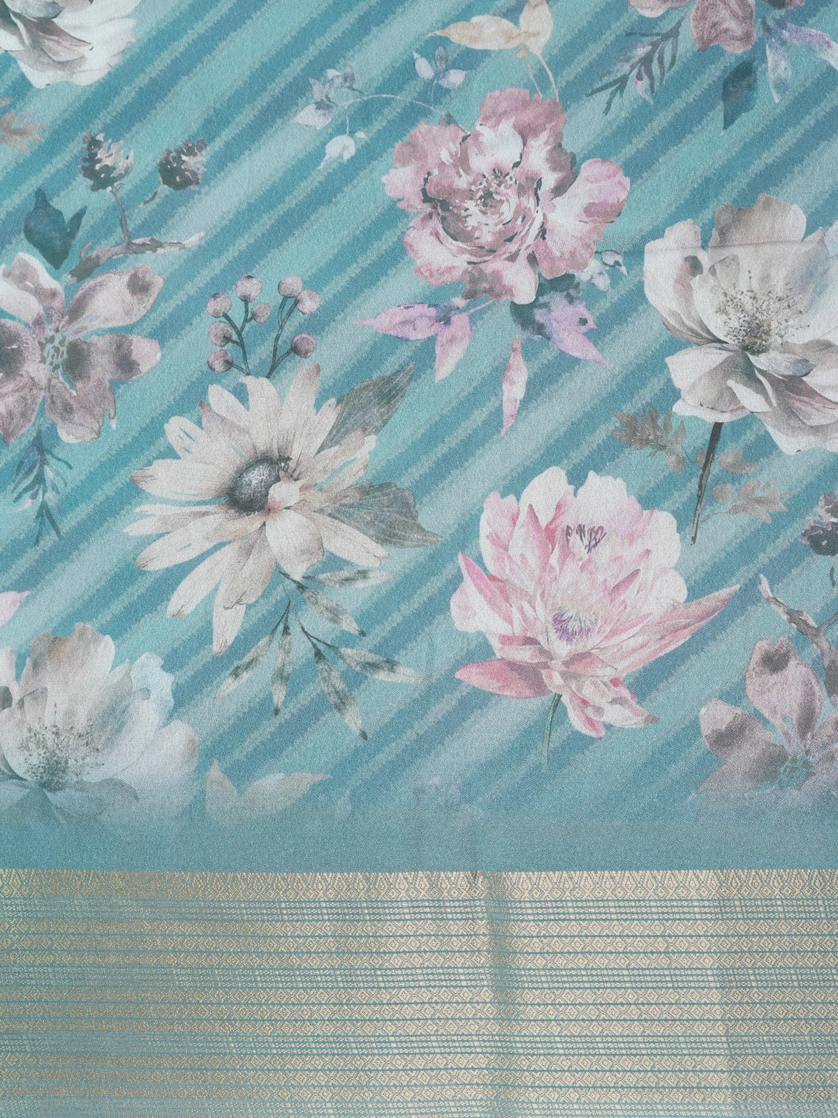 Teal blue floral printed designer art silk saree with gold zari border