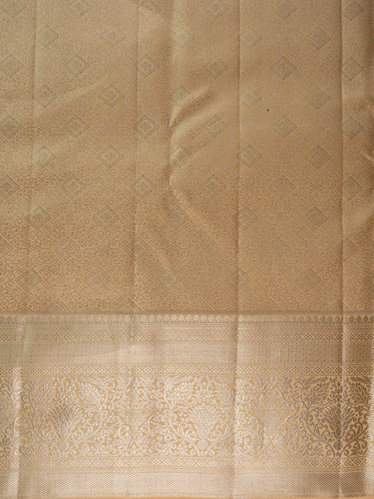 Gold and beige pure Kanchipuram silk saree with all-over gold zari weave and broad floral border