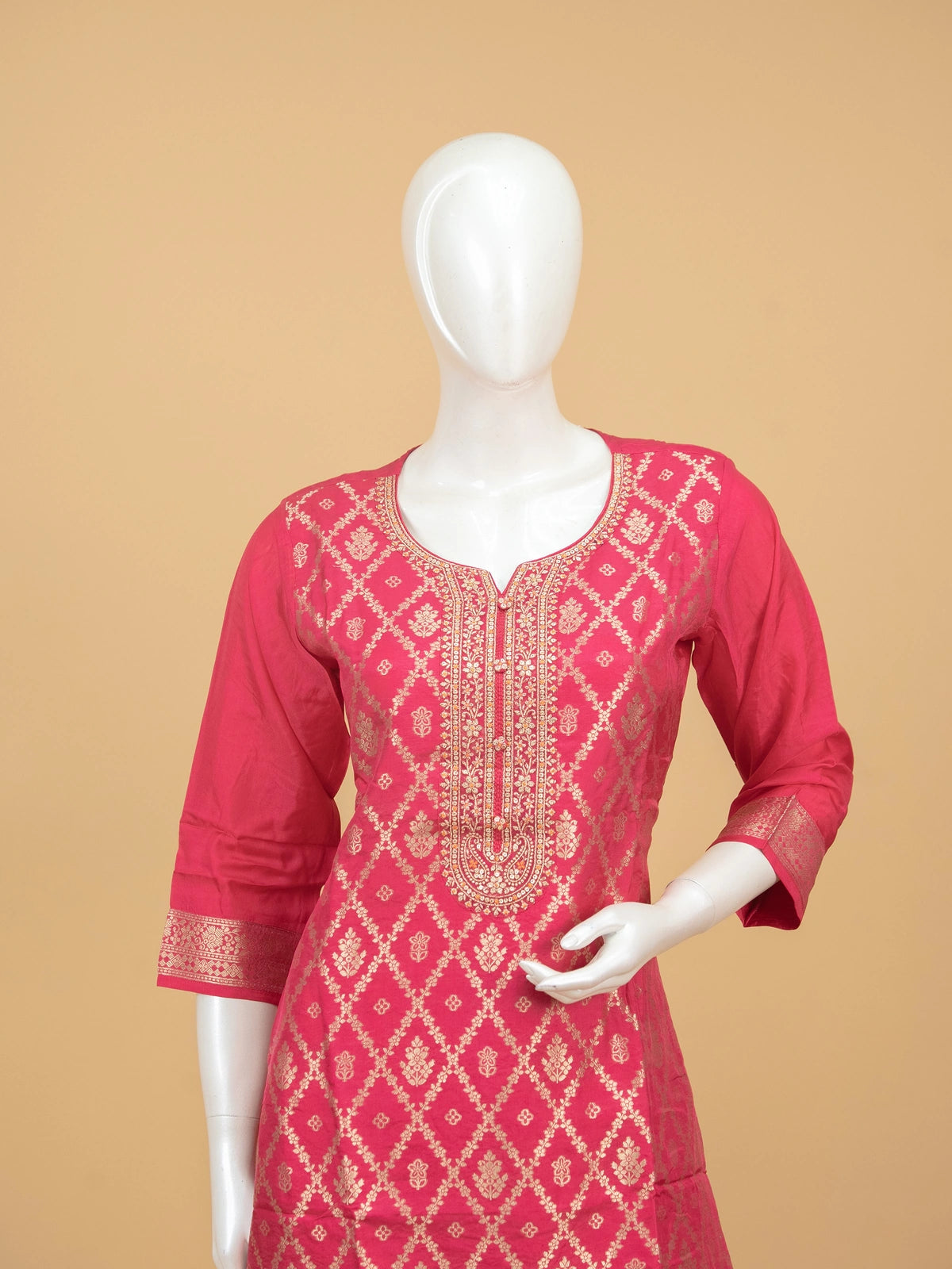 Rani Pink Banarasi silk zari woven straight cut kurti set with floral print dupatta