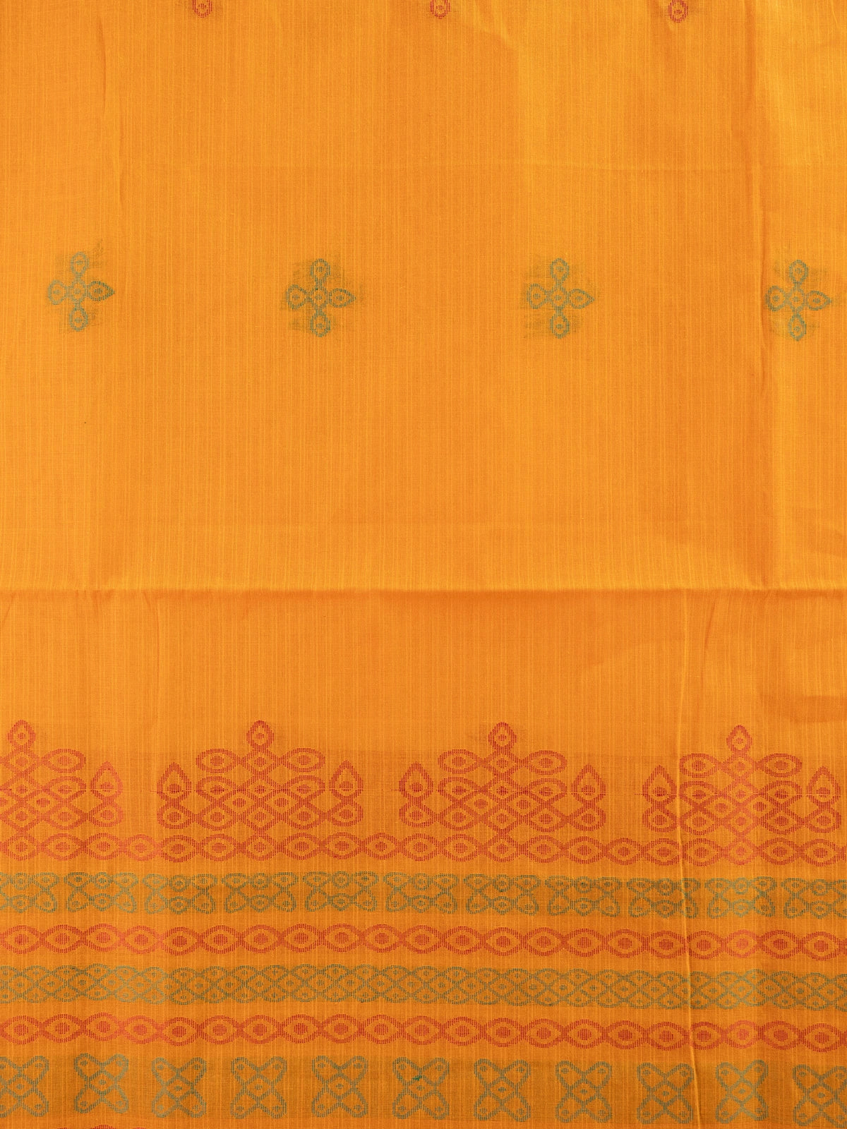 Mustard semi raw silk saree with contrast rust border and kolam-motif pallu