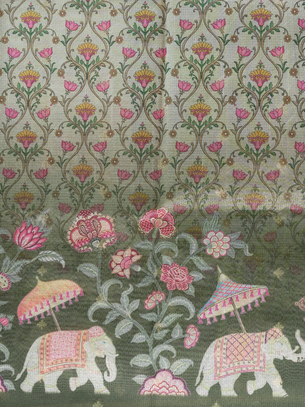 Cream semi tussar saree with floral jaal body, olive green elephant pallu and golden zari border