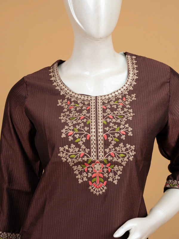 Brown embroidered cotton straight cut kurti top with floral sequin yoke and 3/4th sleeves