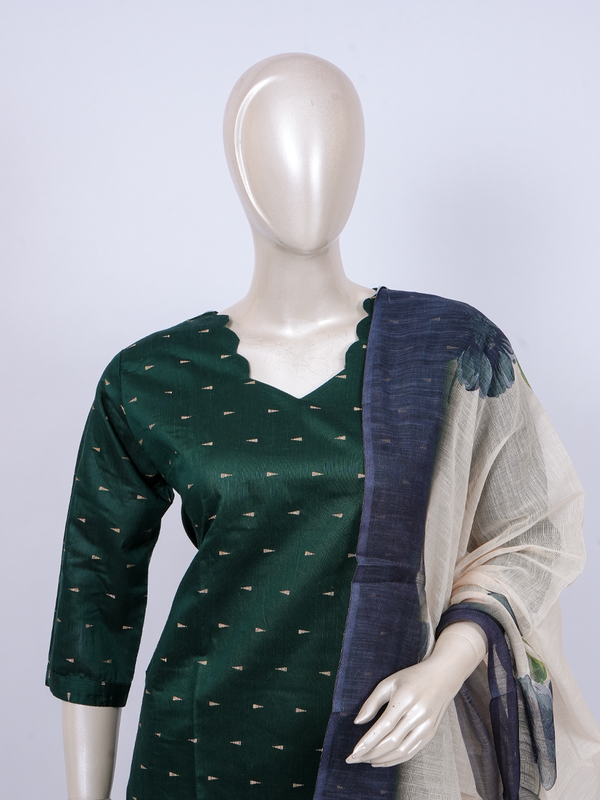 Bottle green zari butti kurti set with beige straight pants and cream floral printed dupatta