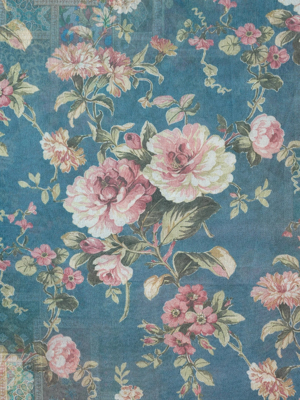 Steel blue designer saree with pink vintage floral print and zari border