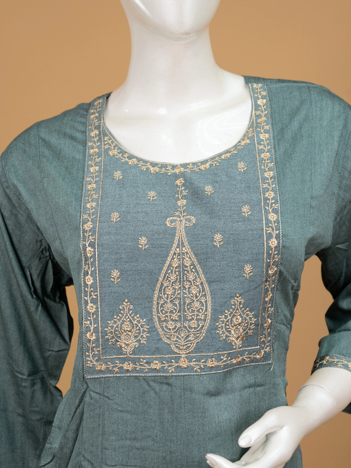 Teal gold zari embroidered Anarkali kurti top with 3/4th sleeves
