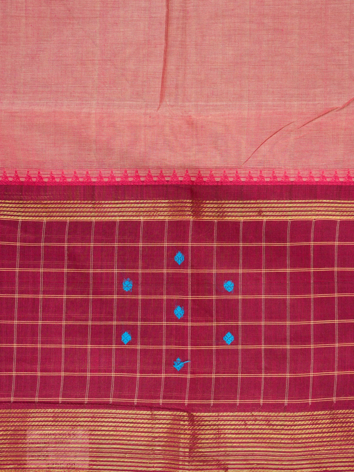Wine magenta and rose pink Chettinad cotton saree with gold zari checks, blue buttas and temple-thread border