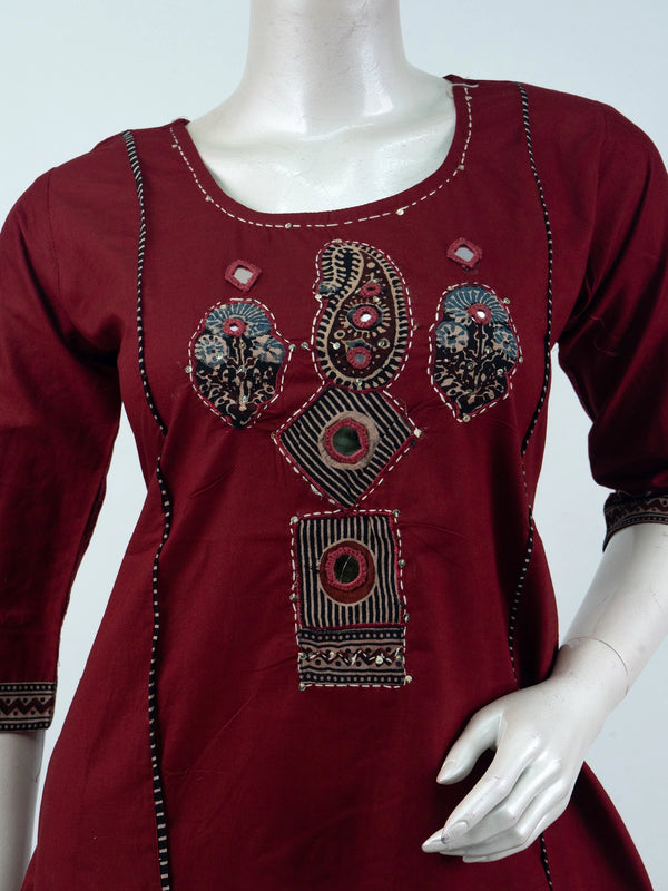 Maroon cotton Ajrakh mirror work Anarkali kurti set with black printed dupatta