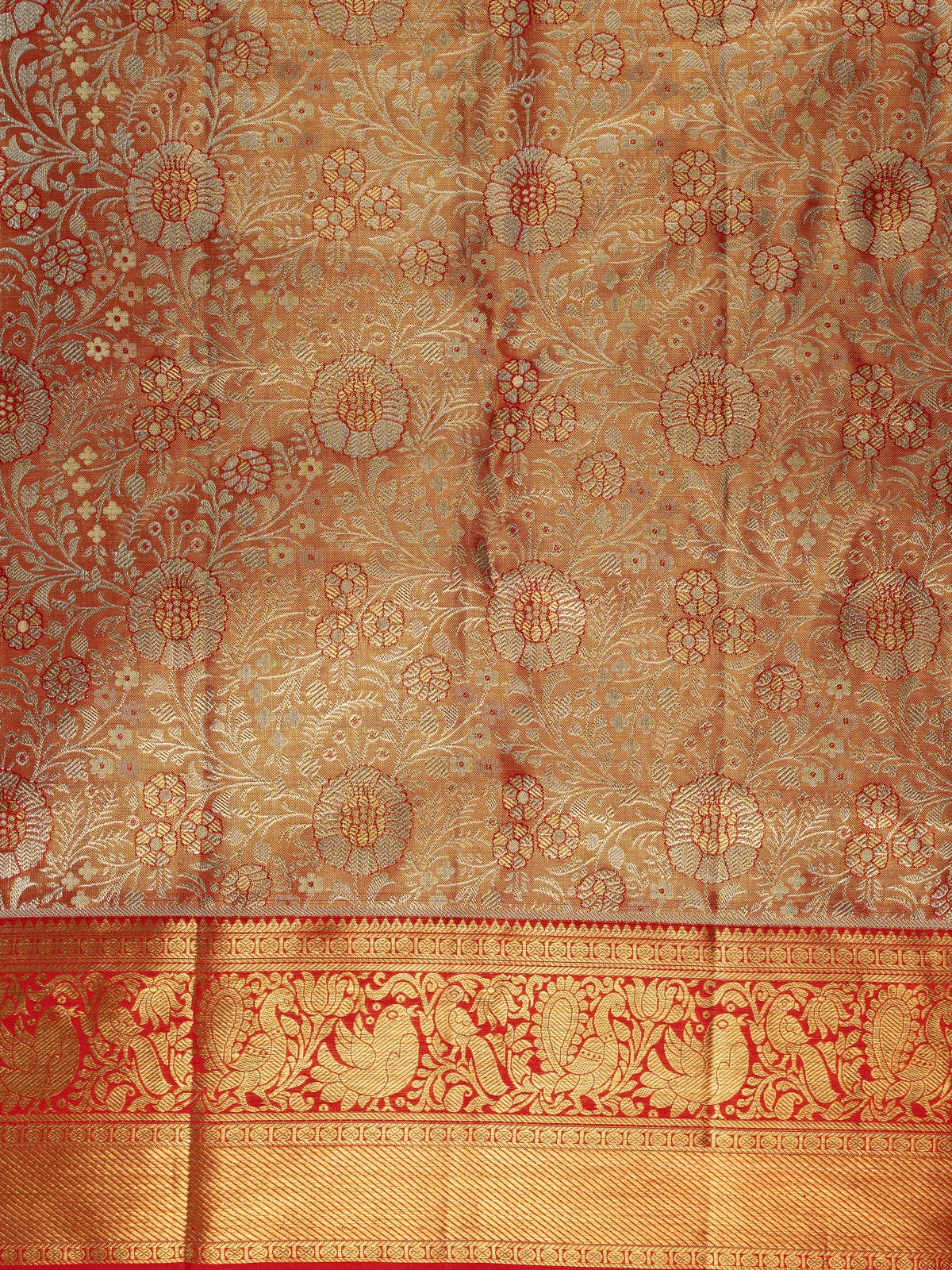 Golden orange and red pure Kanchipuram silk saree with gold zari floral brocade and contrast red peacock border
