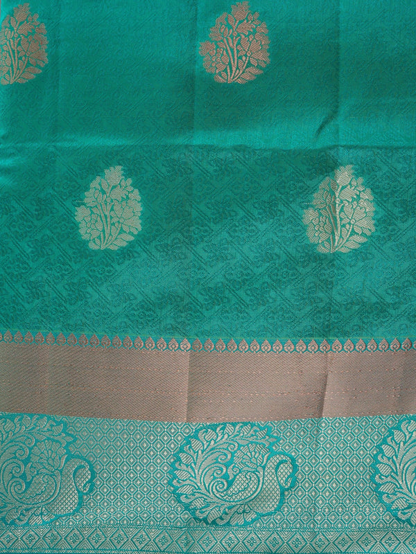 Teal green semi tussar saree with gold zari floral buttas and contrast zari border
