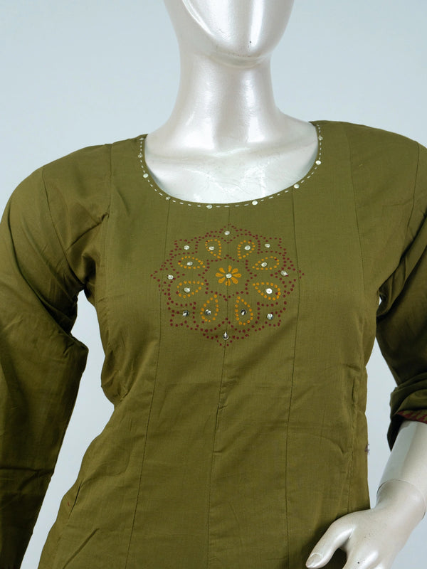 Mehendi Green Cotton Mirror Work Anarkali Kurti Set with printed dupatta and straight pants