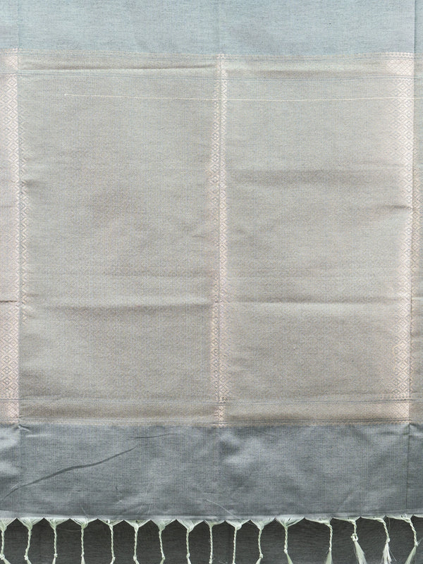 Grey and black Kanchipuram fancy silk saree with copper-gold zari butta motifs and contrast zari border