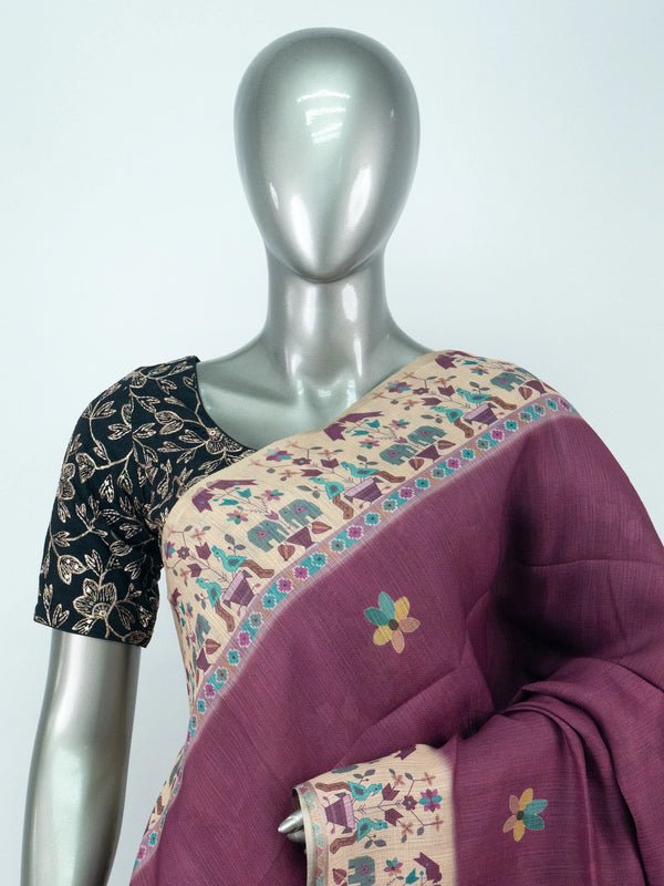 Wine purple linen cotton saree with beige folk-art elephant border and black embroidered blouse