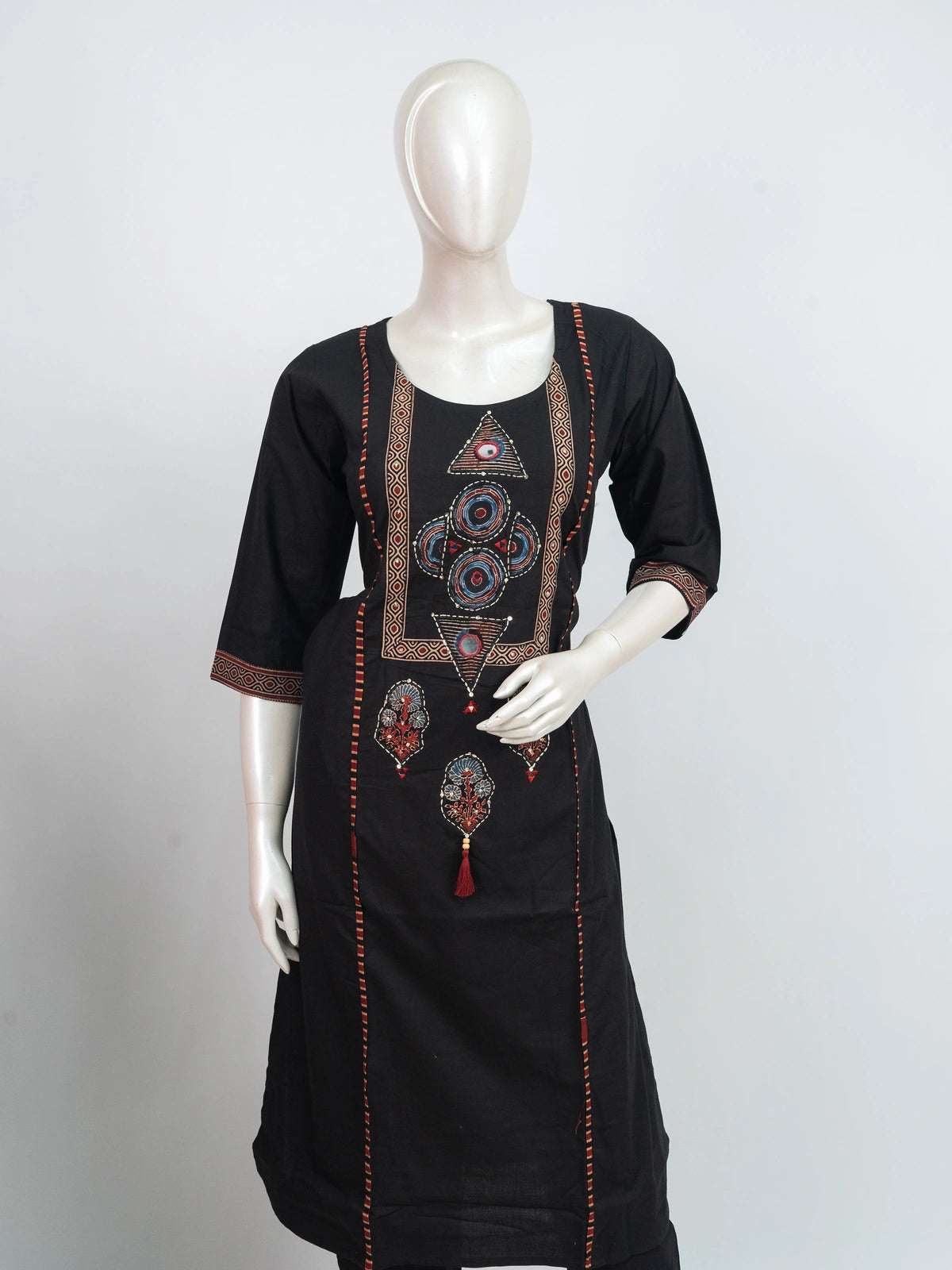 Black cotton straight cut kurti set with Ajrakh print mirror work and rust dupatta