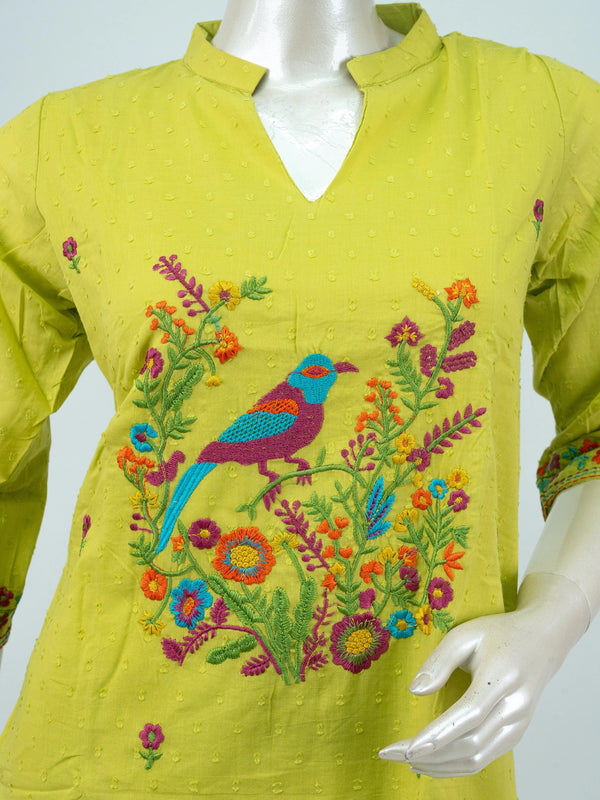 Lime green cotton straight cut kurti set with multicoloured bird embroidery and matching dupatta