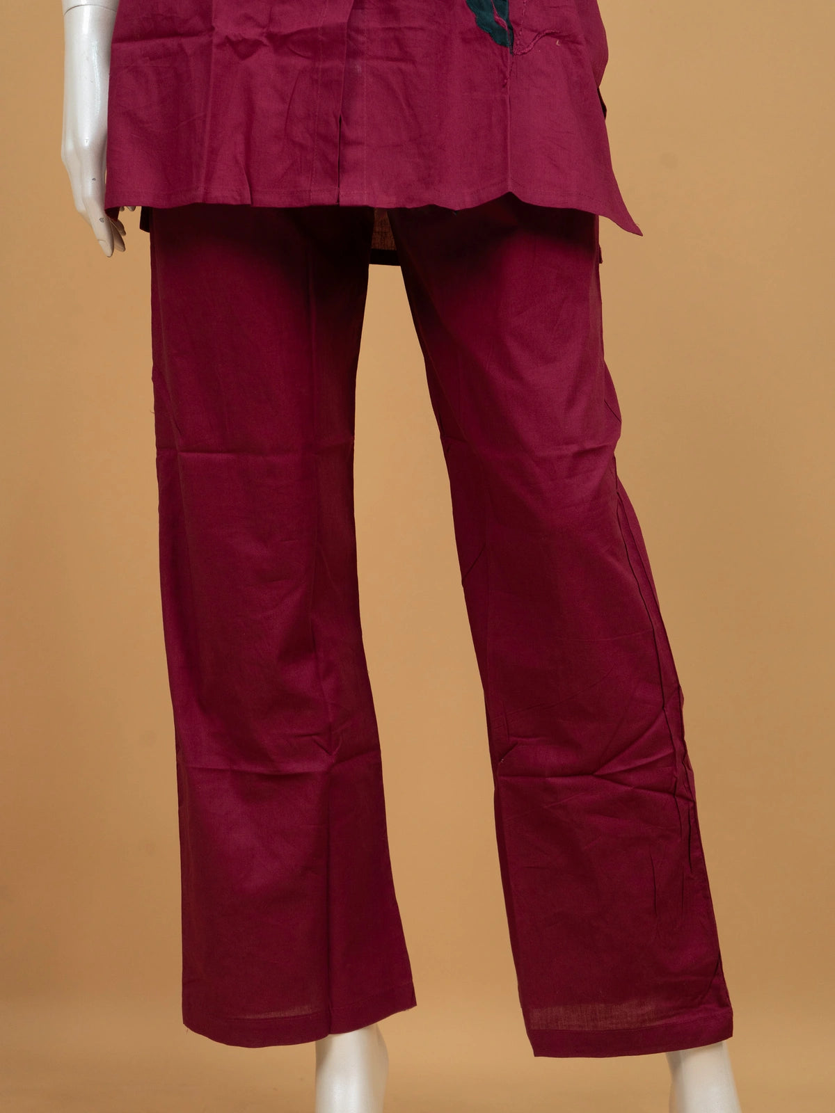 Wine cotton co-ord kurti set with green floral applique and matching straight pants