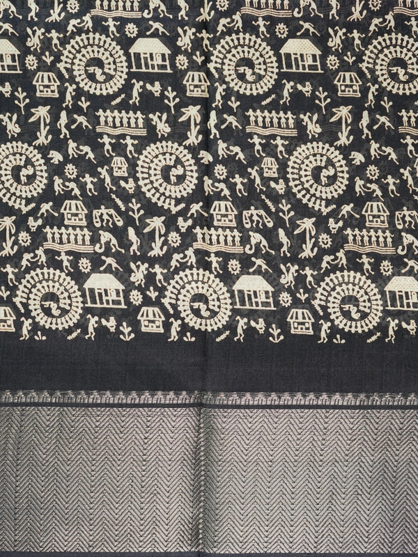 Black designer saree with cream Warli tribal art print and silver zari chevron border