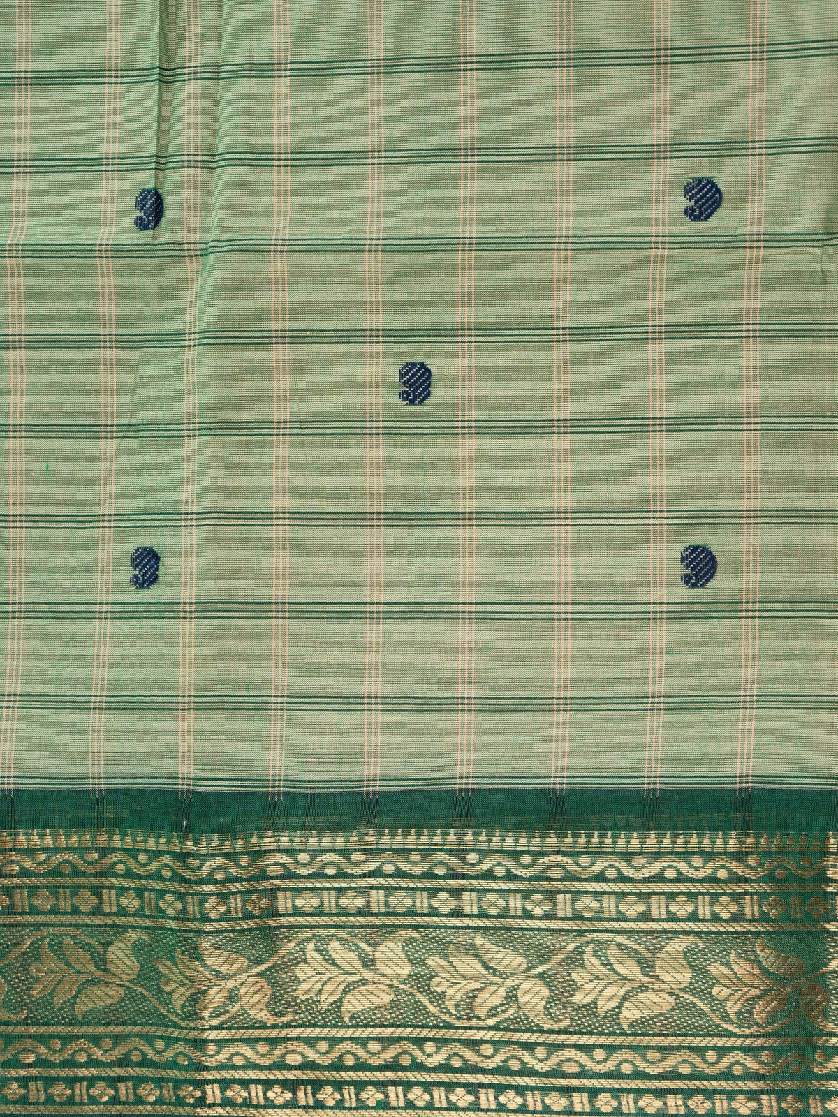 Green checked Chettinad cotton saree with navy buttas and contrast gold zari border