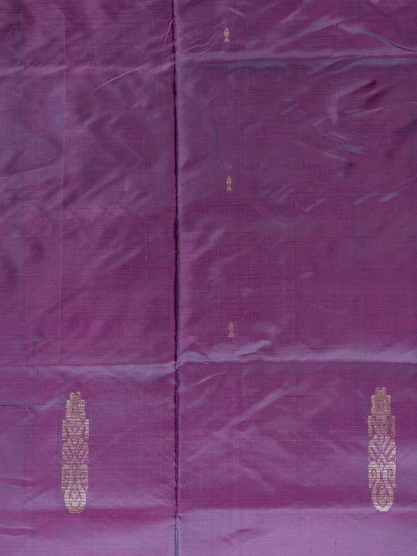 Purple and teal dual-tone banana silk saree with gold zari buttas and striped border