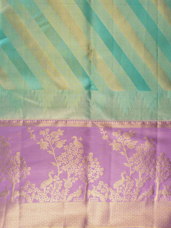 Turquoise green pure Kanchipuram silk saree with diagonal gold zari stripes and contrast lavender zari border