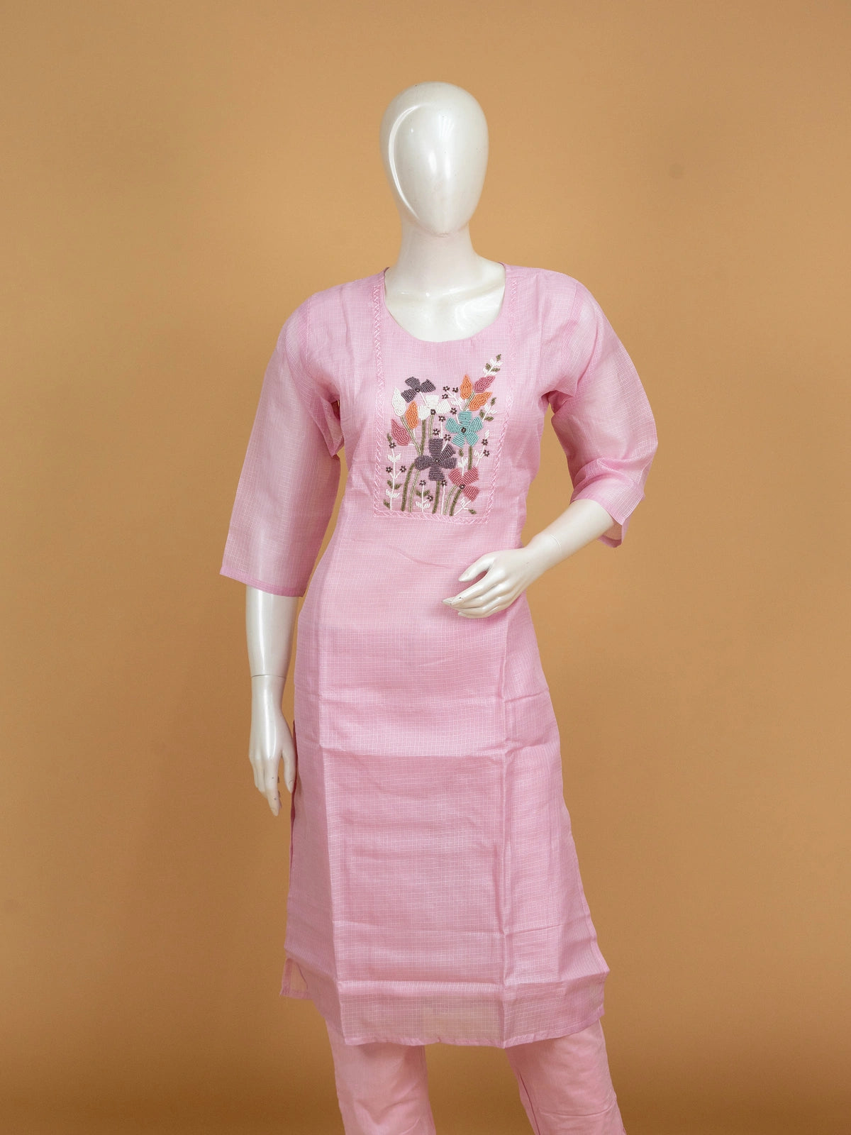 Pink Kota cotton straight cut kurti set with multicolour floral beadwork and matching dupatta