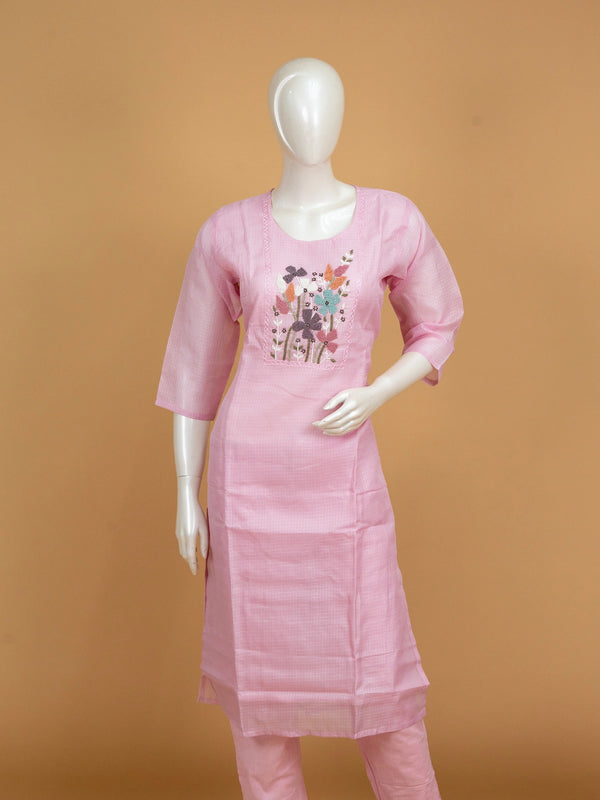 Pink Kota cotton straight cut kurti set with multicolour floral beadwork and matching dupatta