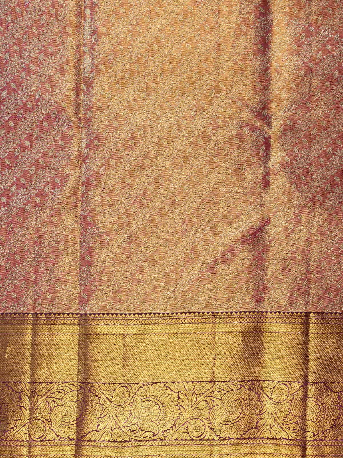 Peach pink and wine pure Kanchipuram silk saree with gold zari floral jaal and contrast border