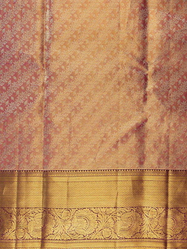 Peach pink and wine pure Kanchipuram silk saree with gold zari floral jaal and contrast border