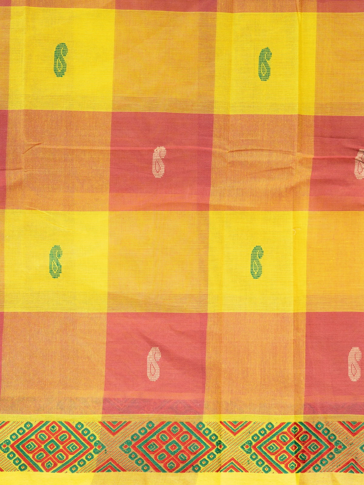 Yellow and red Chettinad cotton saree with checks, paisley buttas and contrast geometric border