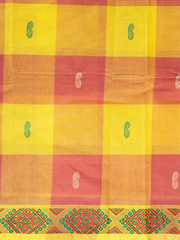 Yellow and red Chettinad cotton saree with checks, paisley buttas and contrast geometric border