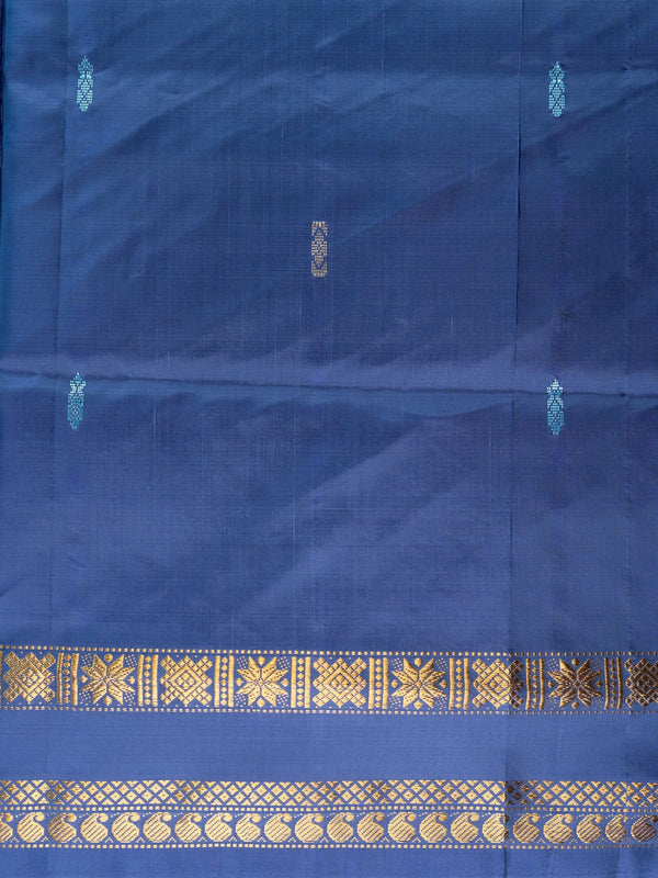 Navy blue banana silk saree with gold zari border and contrast grey pallu