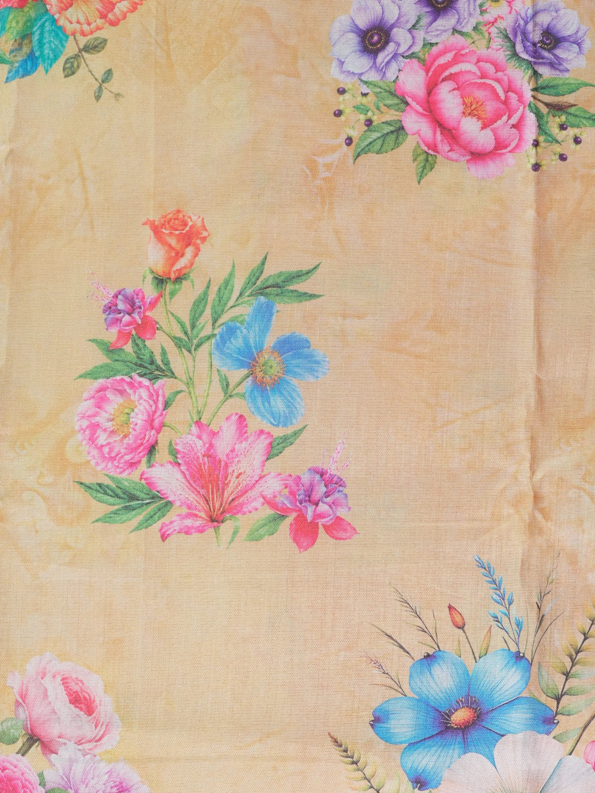 Cream Dola silk saree with multicolour floral print and contrast pink silver zari border