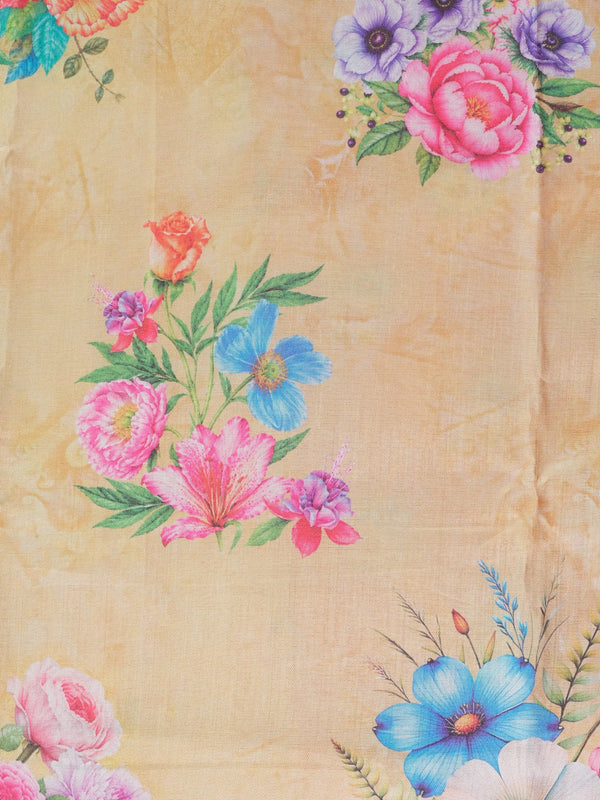 Cream Dola silk saree with multicolour floral print and contrast pink silver zari border