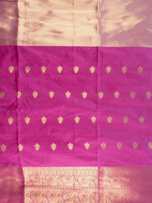 Magenta Kanchi semi silk saree with gold zari buttas, contrast zari border and cream-gold tissue pallu