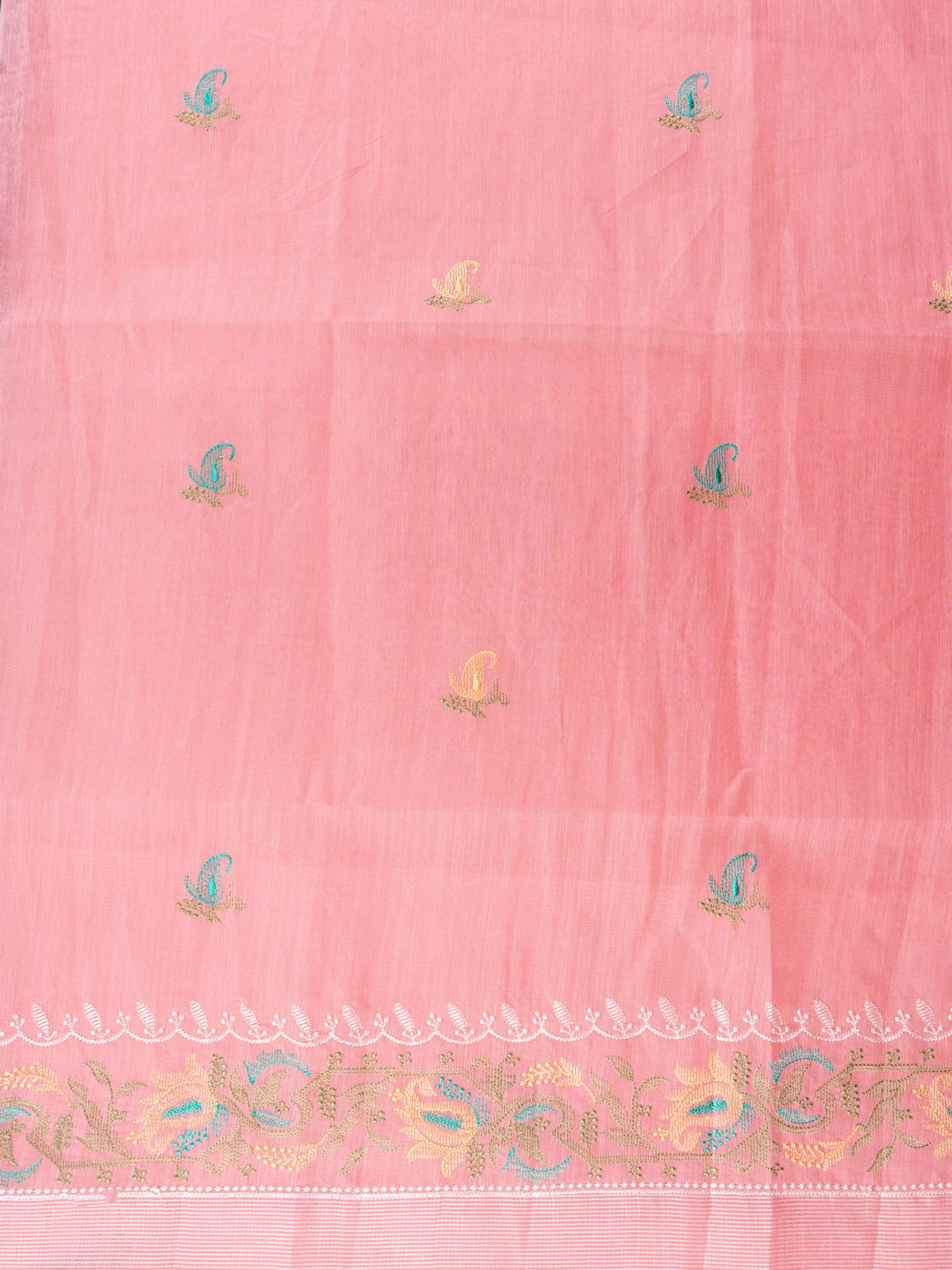 Pink linen cotton saree with embroidered paisley buttas, floral pallu and silver zari border