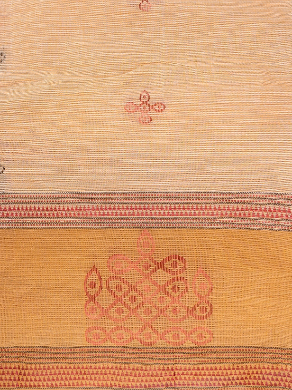 Peach and mustard semi raw silk saree with contrast border and kolam motif pallu