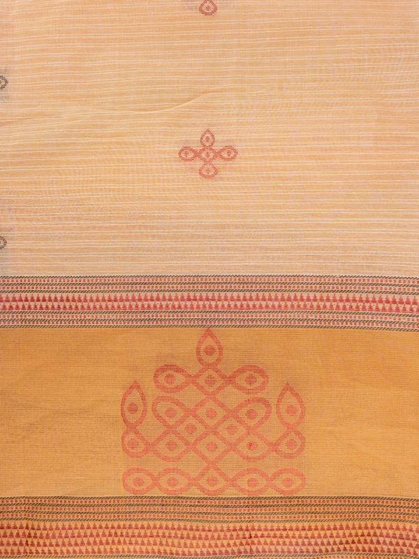 Peach and mustard semi raw silk saree with contrast border and kolam motif pallu