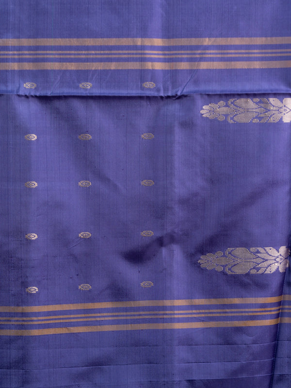 Teal blue banana silk saree with contrast purple pallu and gold zari border