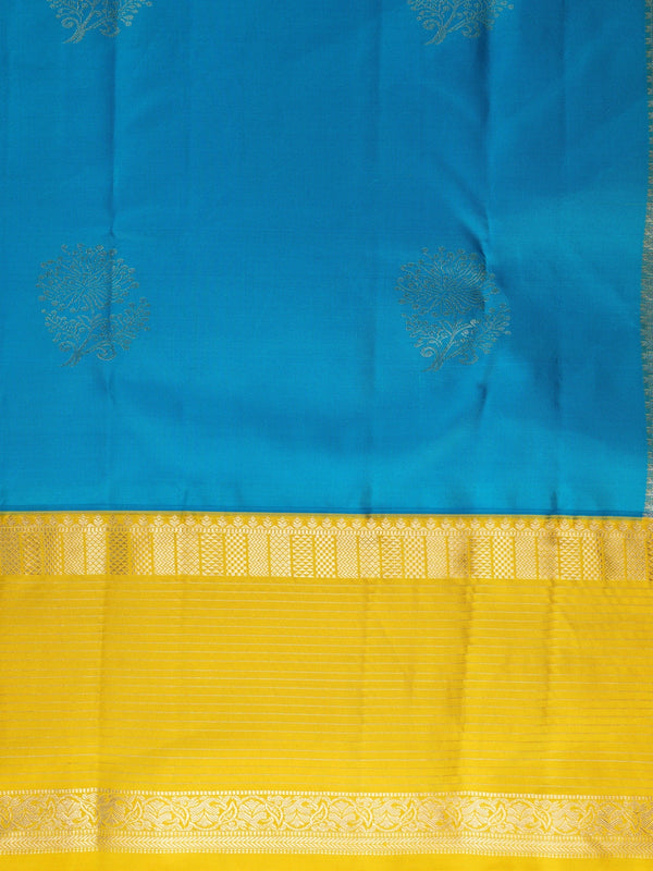 Peacock blue pure Kanchipuram silk saree with contrast yellow gold zari border and floral buttas