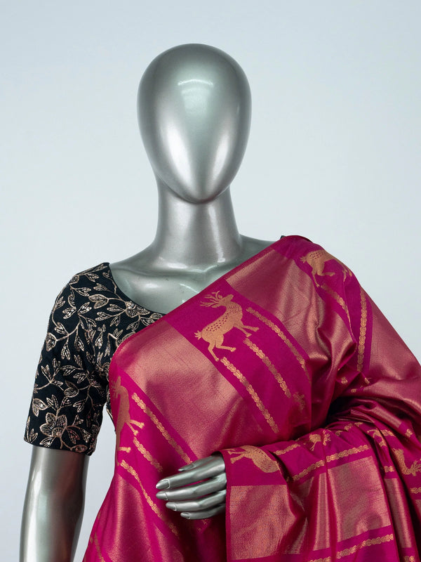 Magenta Pink and Gold Semi Raw Silk Saree