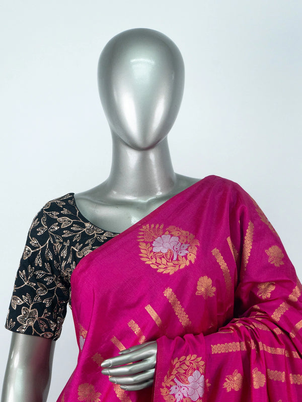 Magenta pink semi raw silk saree with gold zari floral motifs and brocade pallu