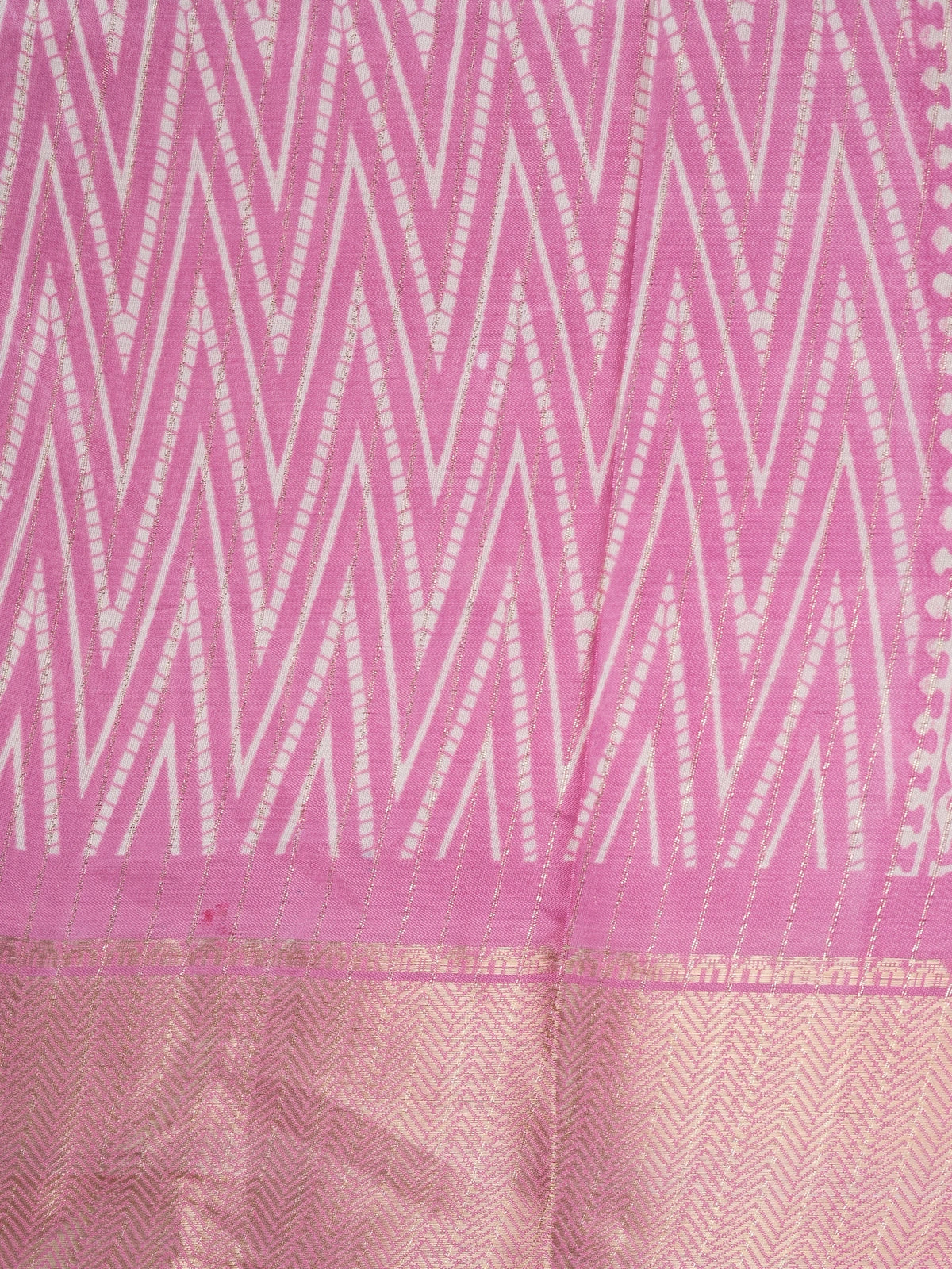 Pink and white chevron printed designer saree with gold zari border and tree-of-life pallu