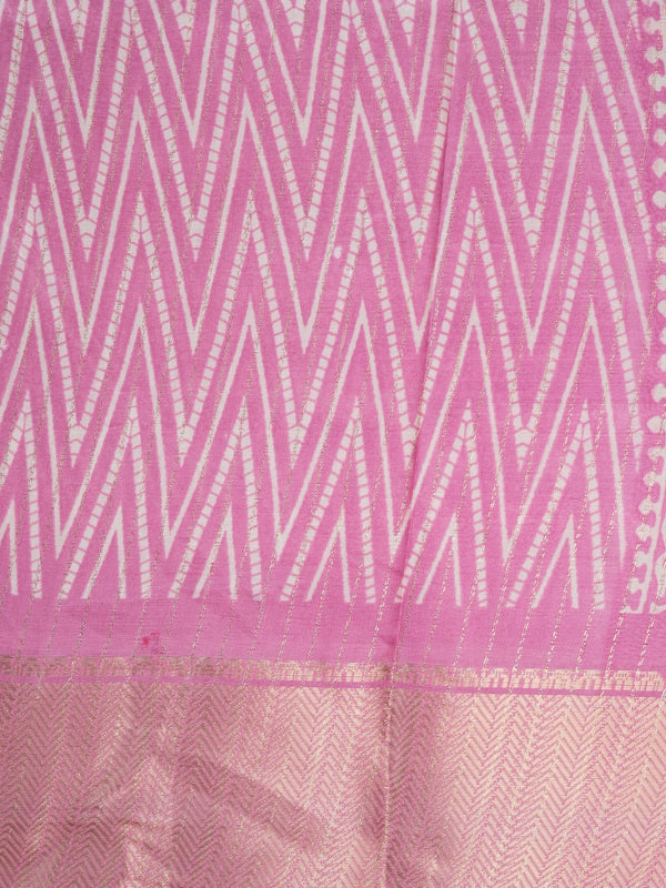 Pink and white chevron printed designer saree with gold zari border and tree-of-life pallu