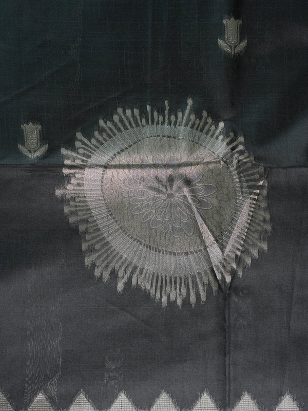 Black semi tussar saree with silver zari floral medallions and temple-design border
