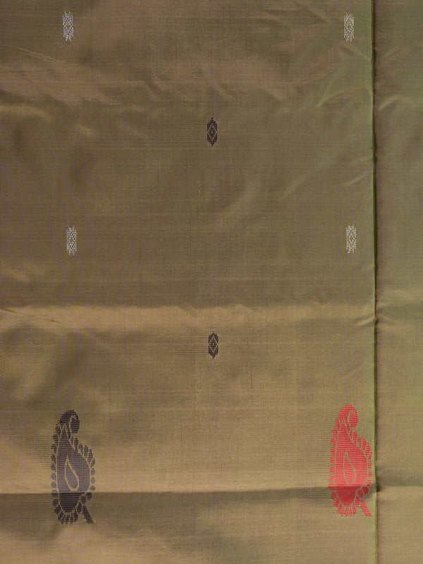 Olive green banana silk saree with contrast pink pallu, gold zari stripes and woven paisley buttas