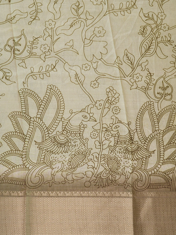 Cream Dola silk saree with Kalamkari-style floral print, peacock pallu and gold zari border