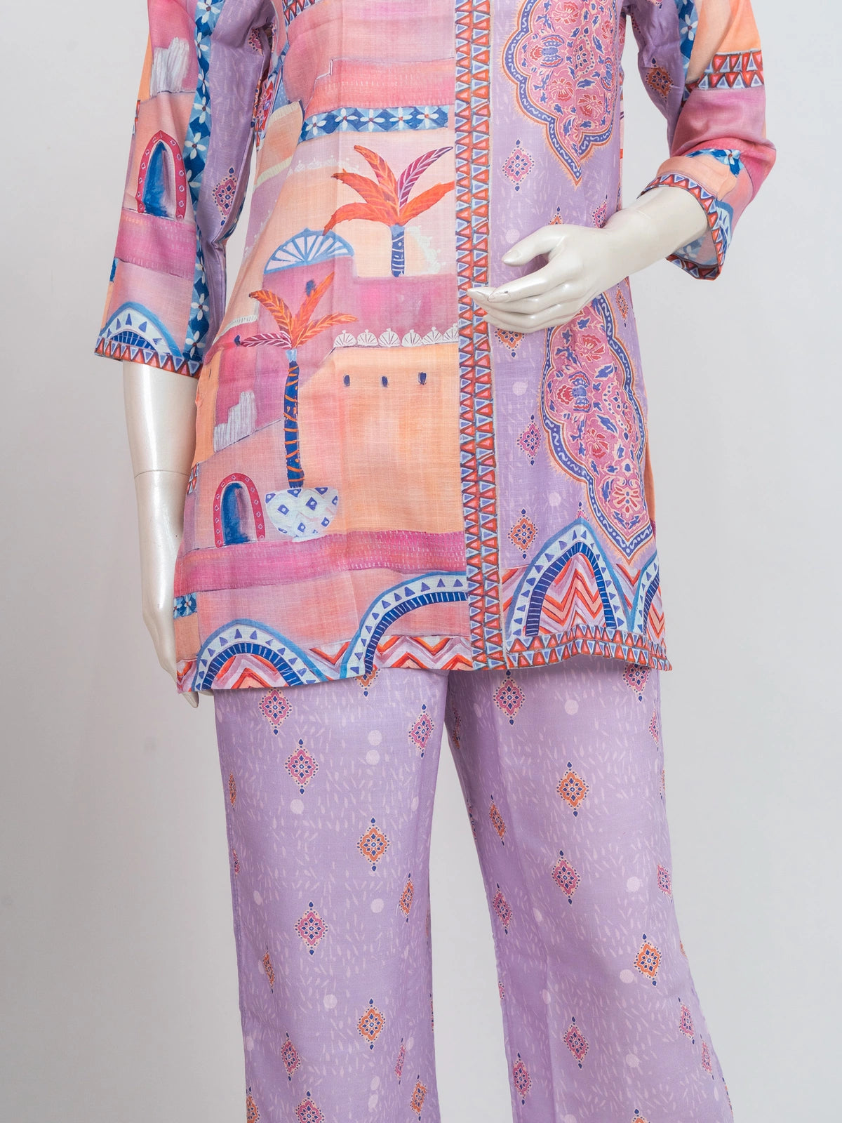 Lilac multicolour printed cotton co-ord set with short kurti top and wide-leg palazzo