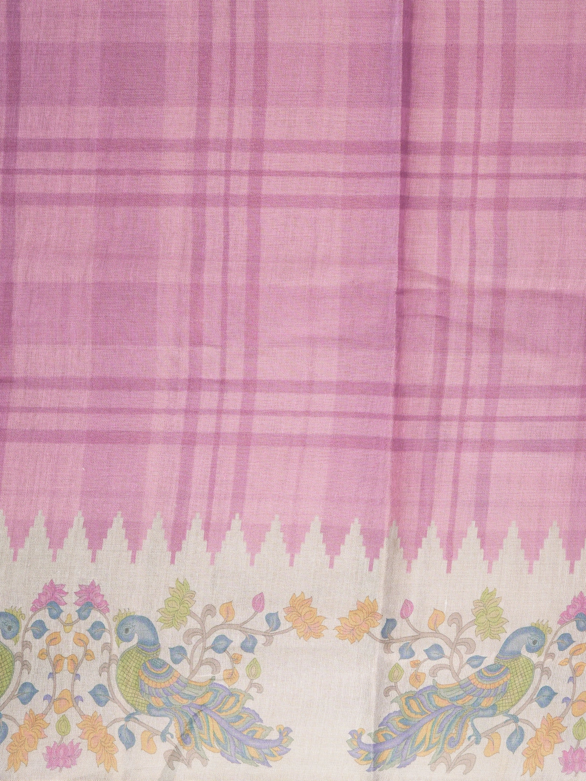 Pink and cream linen cotton saree with checked body, temple border and Kalamkari peacock pallu
